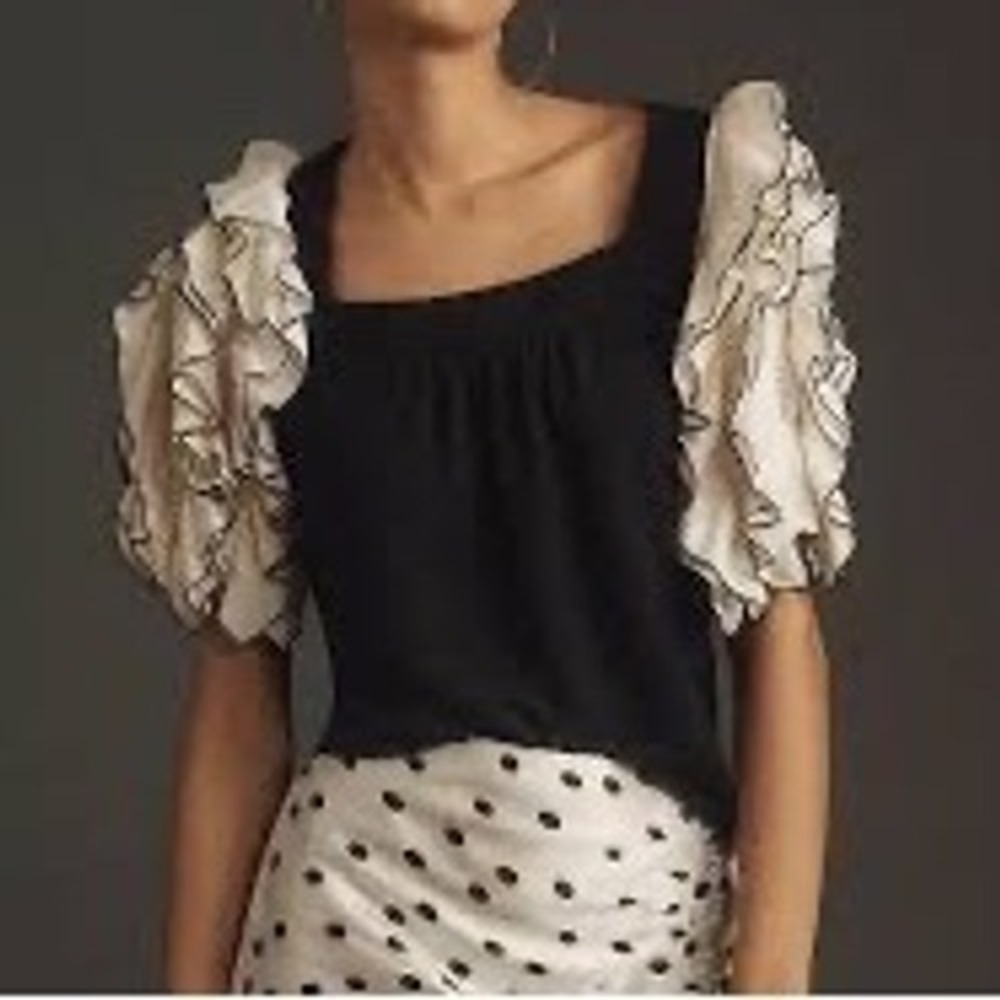 Anthropologie Sunday in Brooklyn Square Neck Ruffle Sleeve Black Cream Blouse
